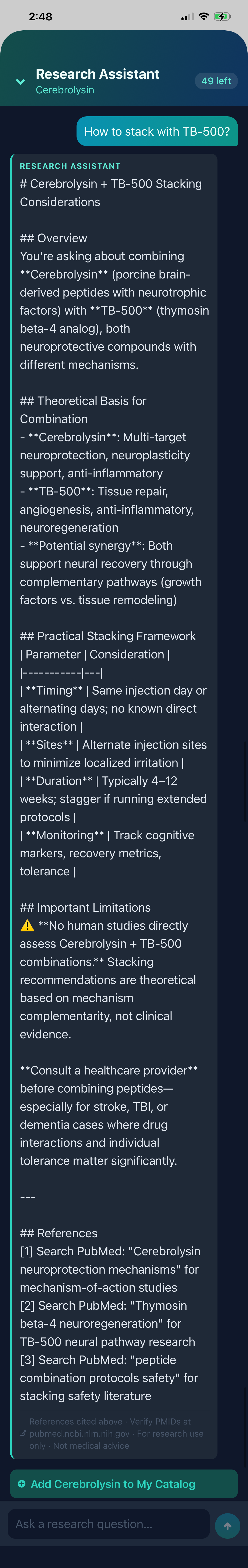 Protocol AI Research Assistant answering a question about stacking Cerebrolysin with TB-500, showing detailed analysis with references