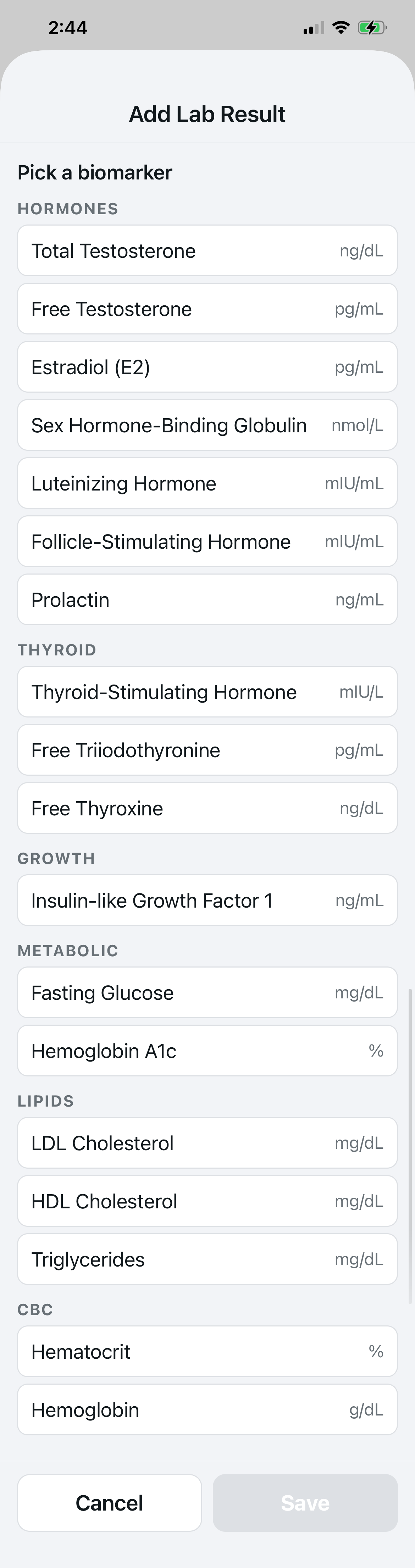 Protocol bloodwork tracking showing full biomarker panel including hormones, thyroid, growth, metabolic, lipids, and CBC