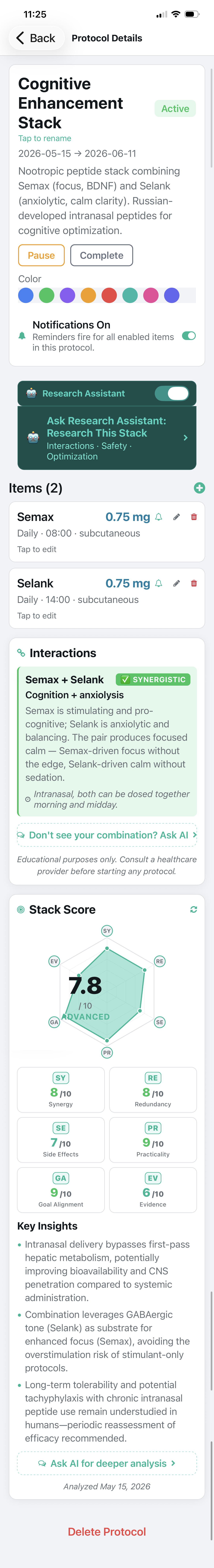 Cognitive Enhancement Stack showing Stack Score 7.8/10 and Semax + Selank synergistic interaction