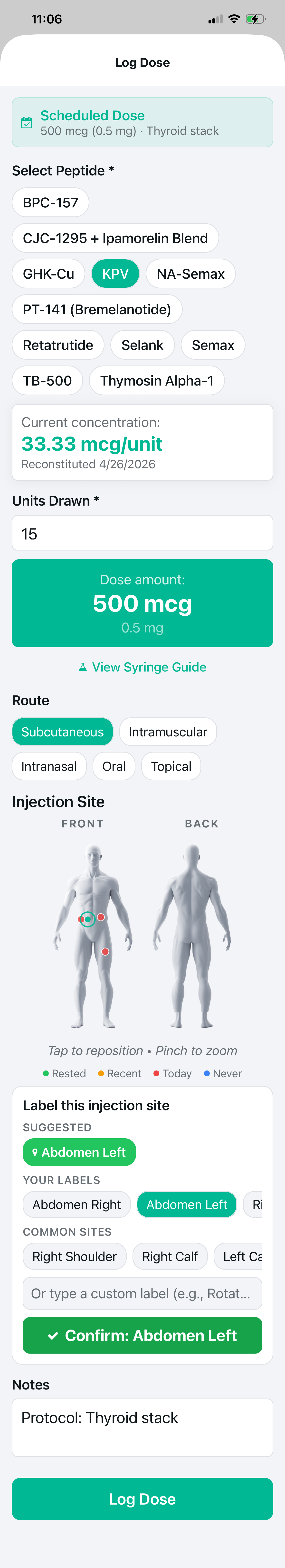 Protocol app Log Dose screen showing 3D body map with injection site rotation, front and back view simultaneously